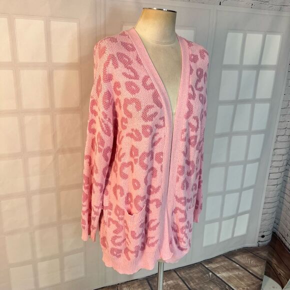 Pink Lily Pink Cheetah Open Front Long Sleeve Cardigan Sweater Small/Medium - Picture 3 of 10